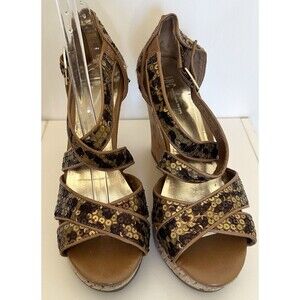 Inc International Concepts Sequin Cork Wedge Sandals 8.5M Brown Gold Ankle Strap